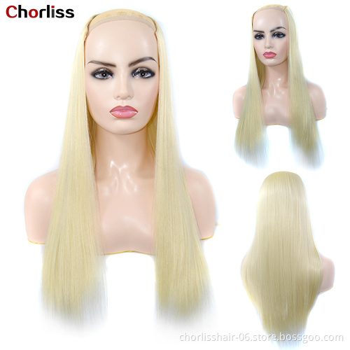 24" Long Straight Cheap Private Half Up Clip In Synthetic Hair Wigs High Temperature Fibre U Part Wig For White Black Women